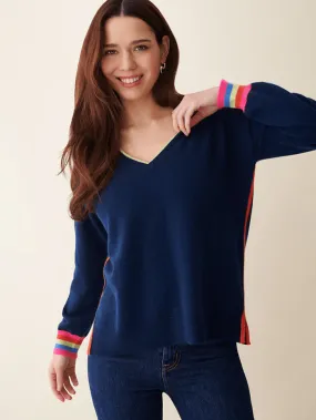 & Isla Aria Stripe V Neck Jumper In Navy Multi IF4C-199