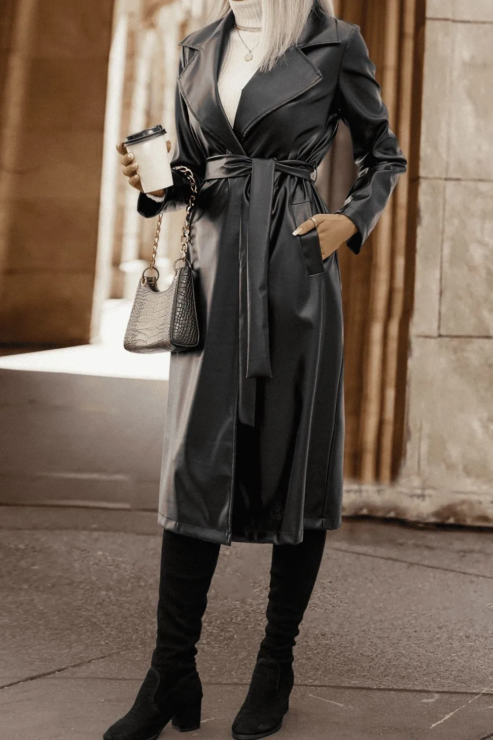 *APP EXCLUSIVE* Lapel Collar Tie Waist Long Sleeve Faux Leather Trench Coat