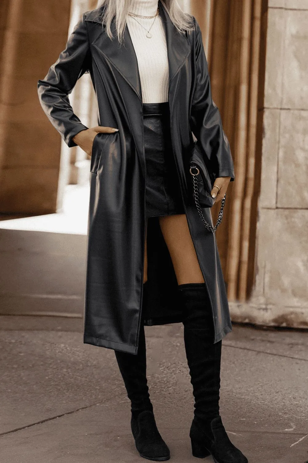 *APP EXCLUSIVE* Lapel Collar Tie Waist Long Sleeve Faux Leather Trench Coat