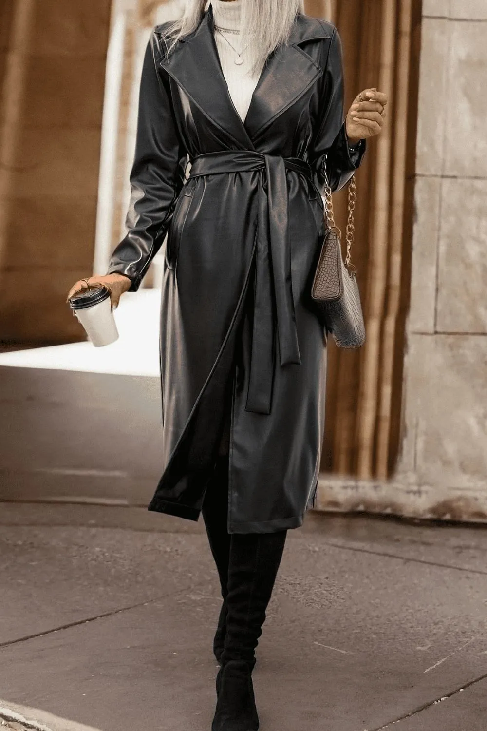 *APP EXCLUSIVE* Lapel Collar Tie Waist Long Sleeve Faux Leather Trench Coat