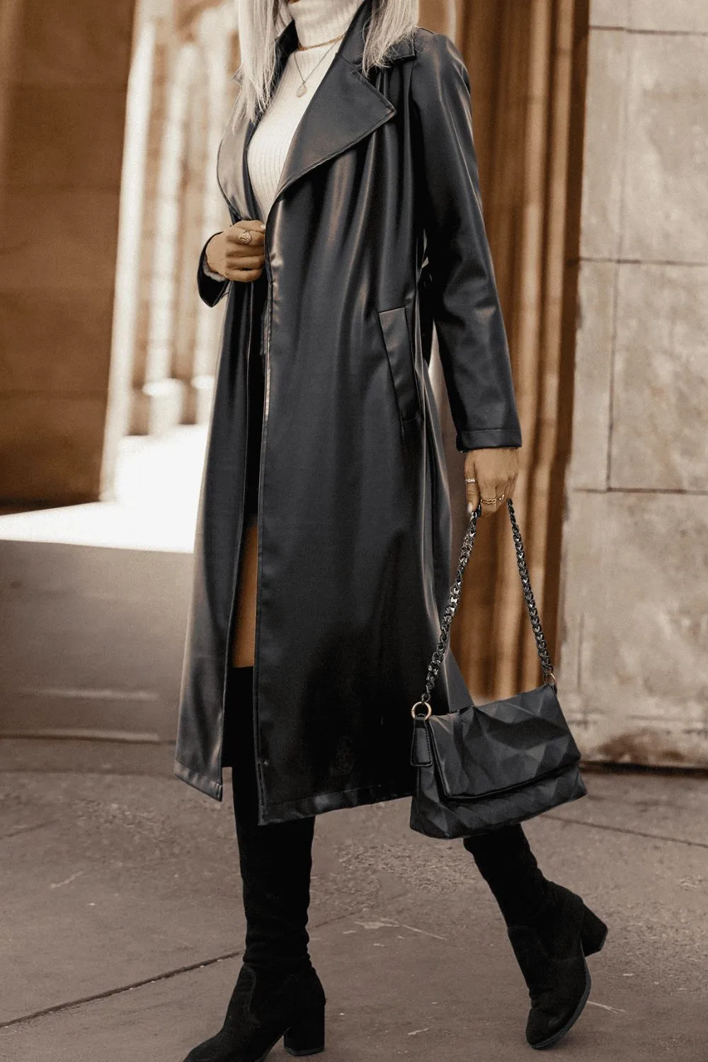 *APP EXCLUSIVE* Lapel Collar Tie Waist Long Sleeve Faux Leather Trench Coat