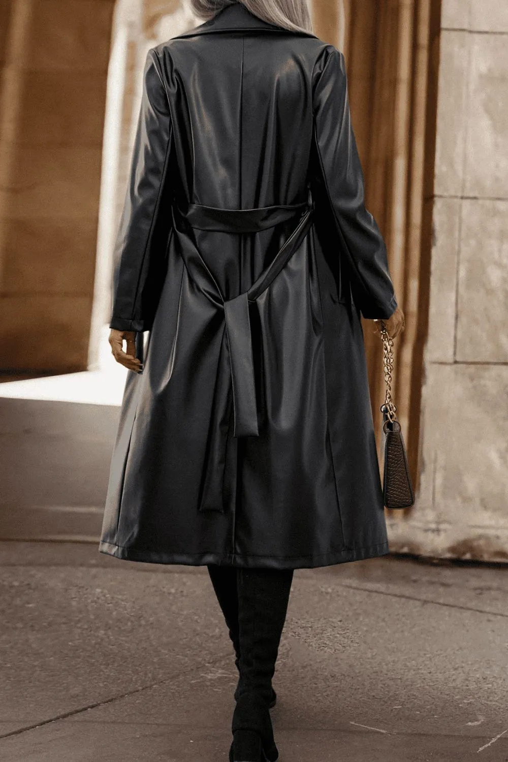 *APP EXCLUSIVE* Lapel Collar Tie Waist Long Sleeve Faux Leather Trench Coat