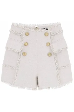 Balmain frayed linen shorts with gold-tone buttons