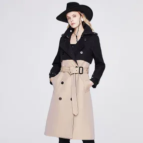 Belted Double Breasted Color Block Trench Coat