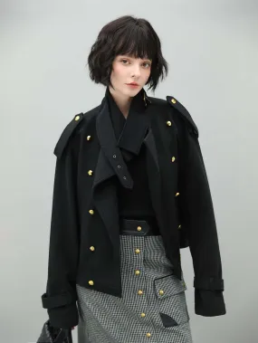 Black Double Breasted Trench Coat with a Detachable High Neck Collar