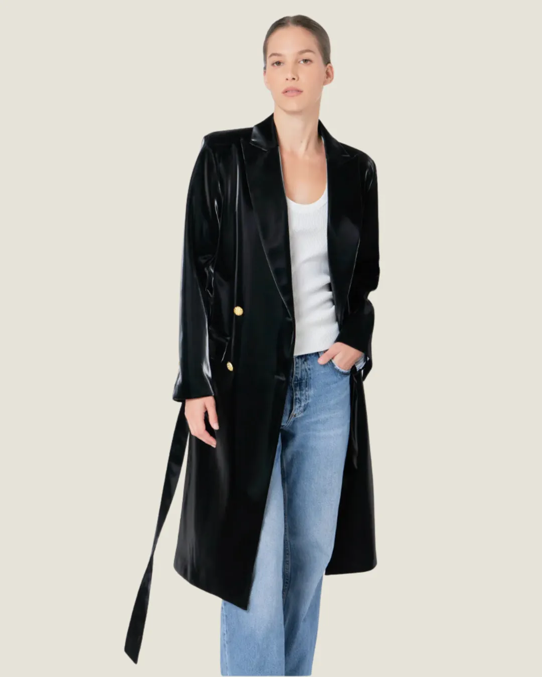 Black Shiny Vegan Leather Trench Coat