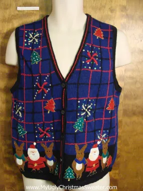 Blue Santa and Reindeer 2sided Ugly Christmas Sweater Vest