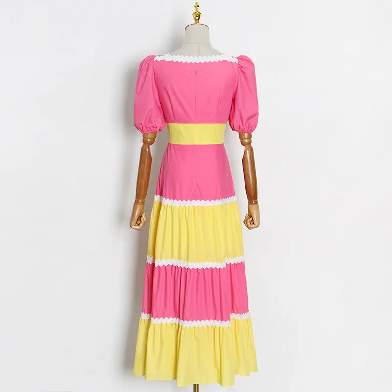 Bohemian Square Neck Puff Sleeves Cutout Maxi Dress