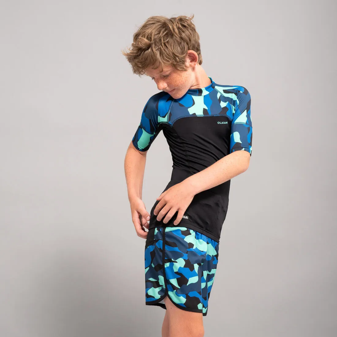 Boys’ short-sleeved sun top - navy blue and petrol