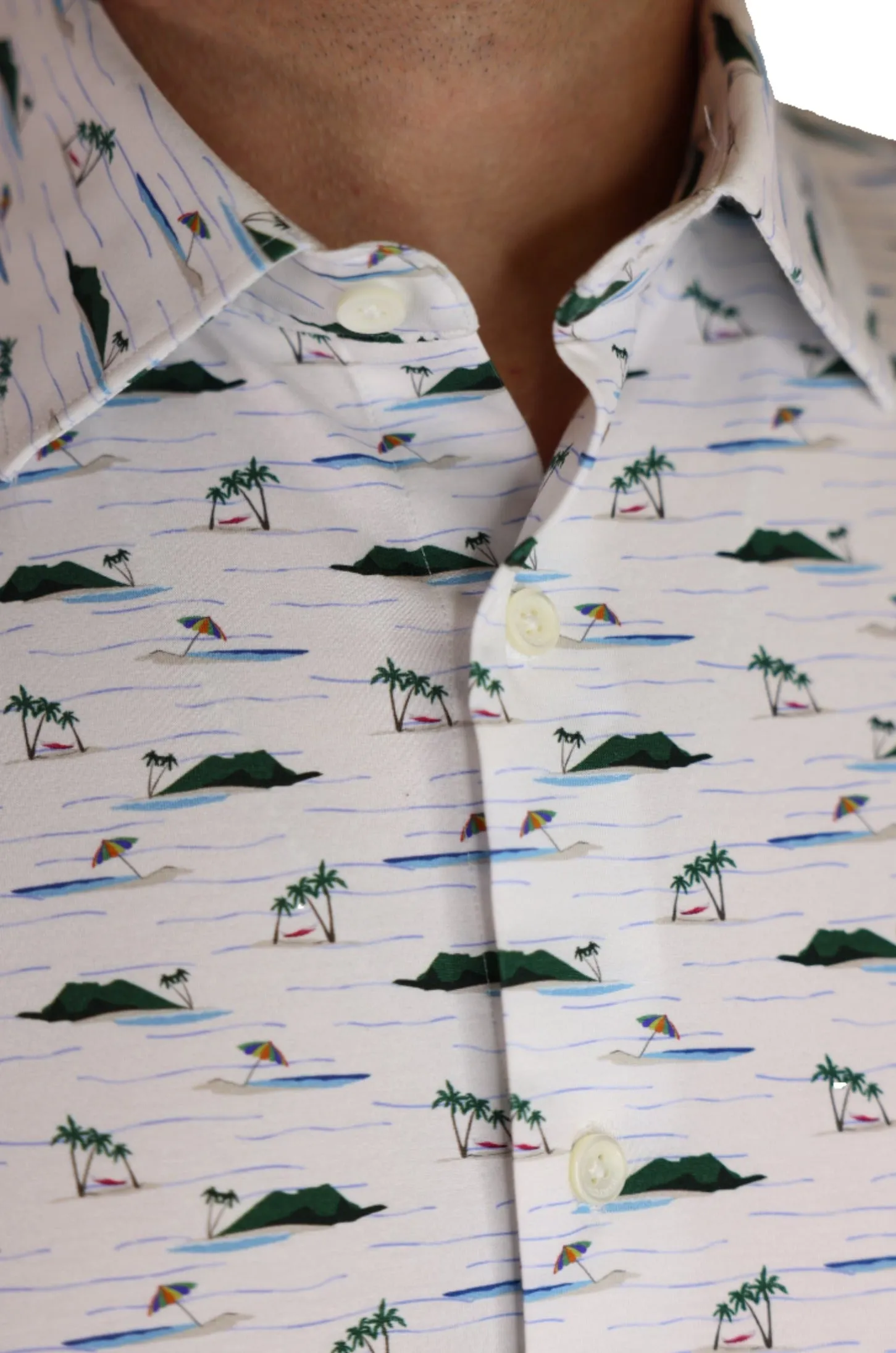 Bugatchi OoohCotton Stretch Island Print Short Sleeve Shirt