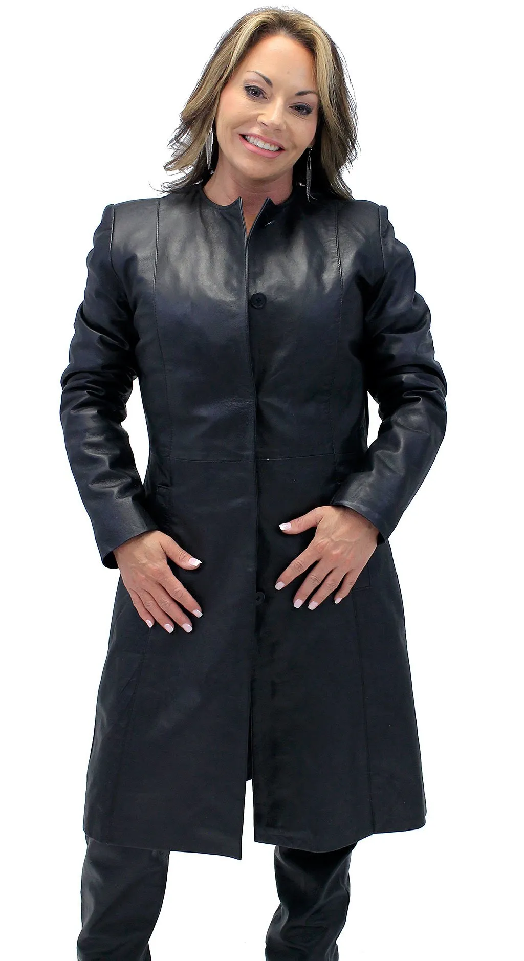 Collar Free Long Lambskin Leather Coat for Women #L1502398ZK ()