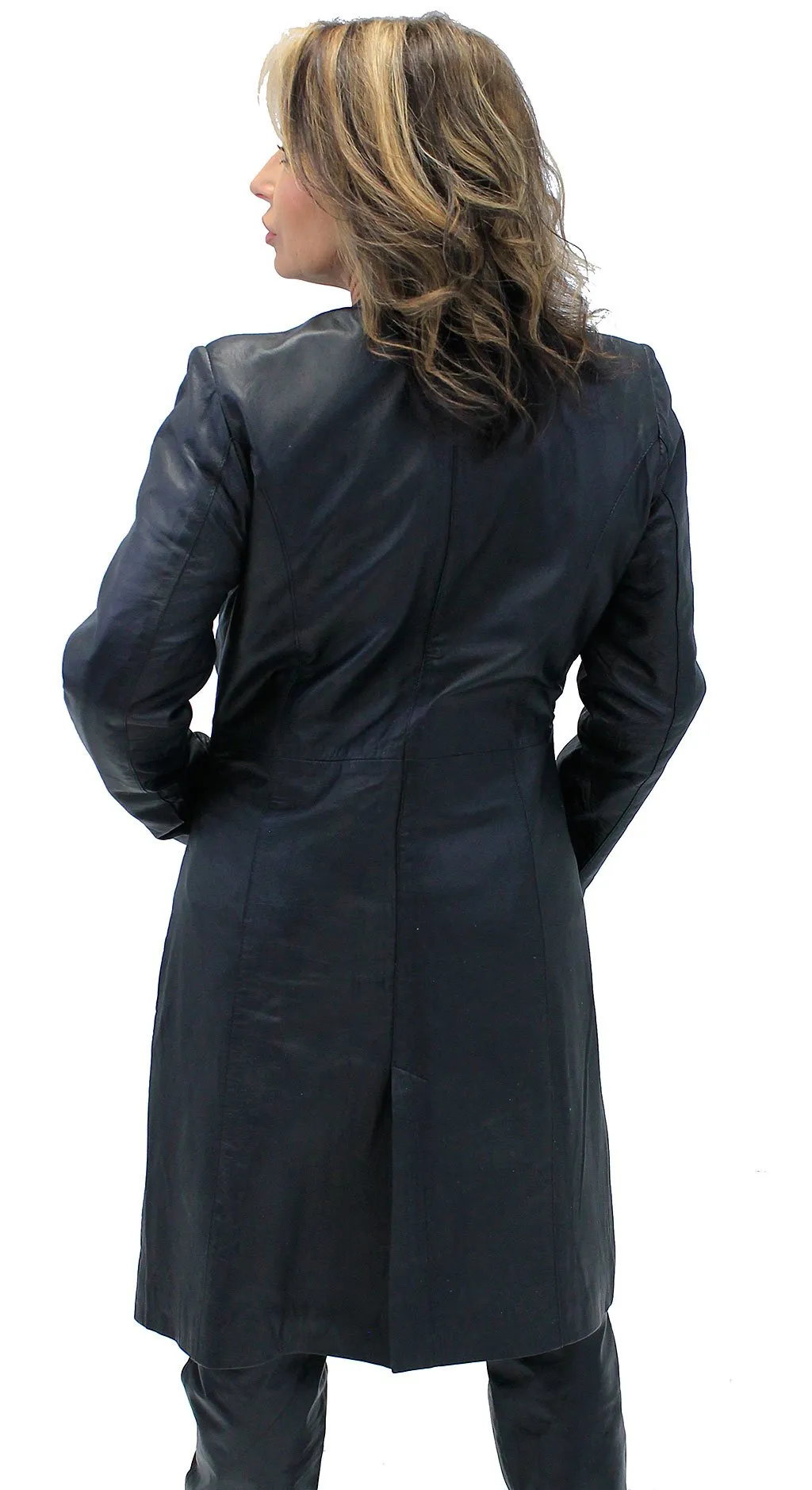 Collar Free Long Lambskin Leather Coat for Women #L1502398ZK ()