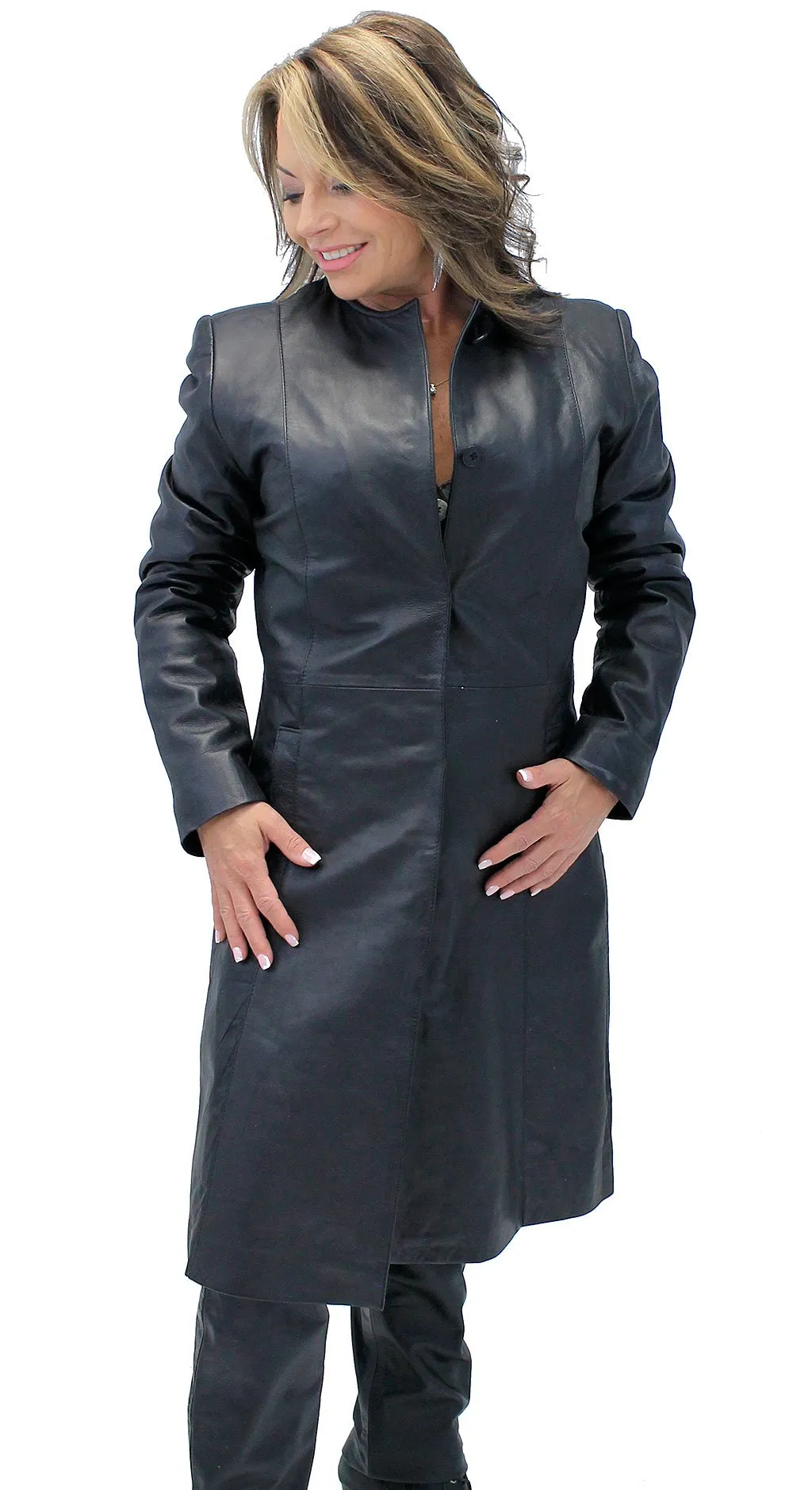 Collar Free Long Lambskin Leather Coat for Women #L1502398ZK ()