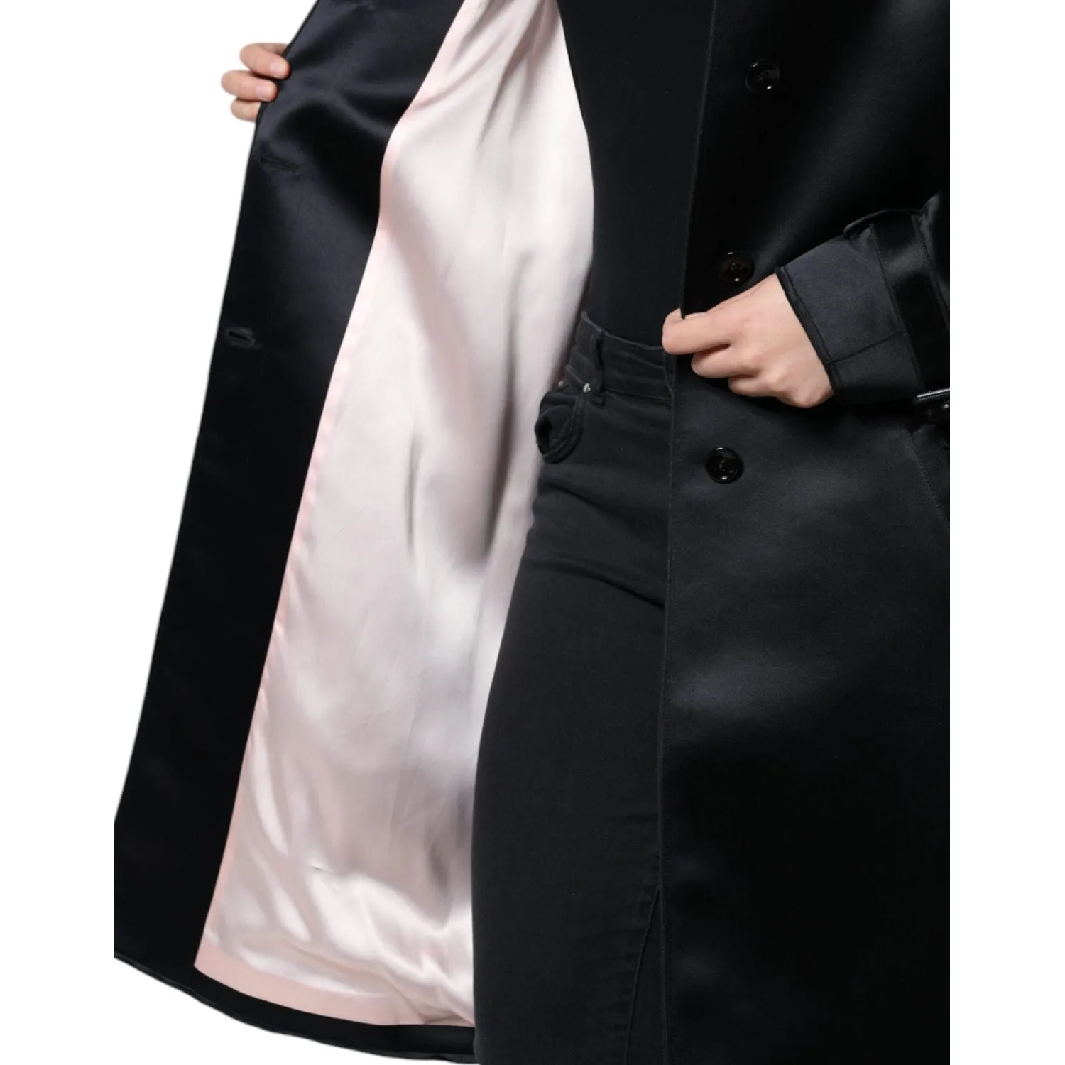 Dolce & Gabbana Black Polyester Organza Belted Coat Jacket