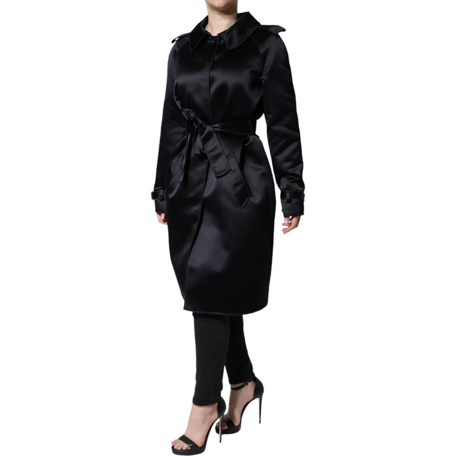 Dolce & Gabbana Black Polyester Organza Belted Coat Jacket