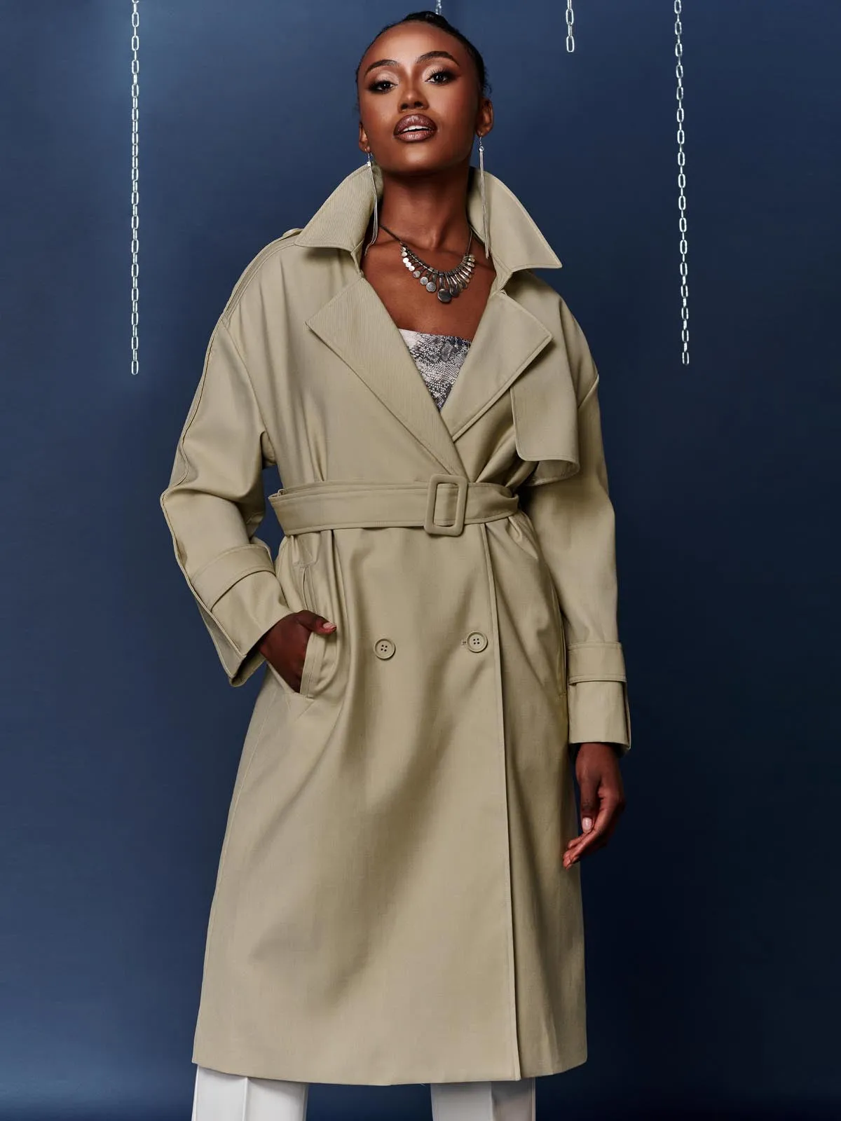 Double Breasted Trench Coat, Stone