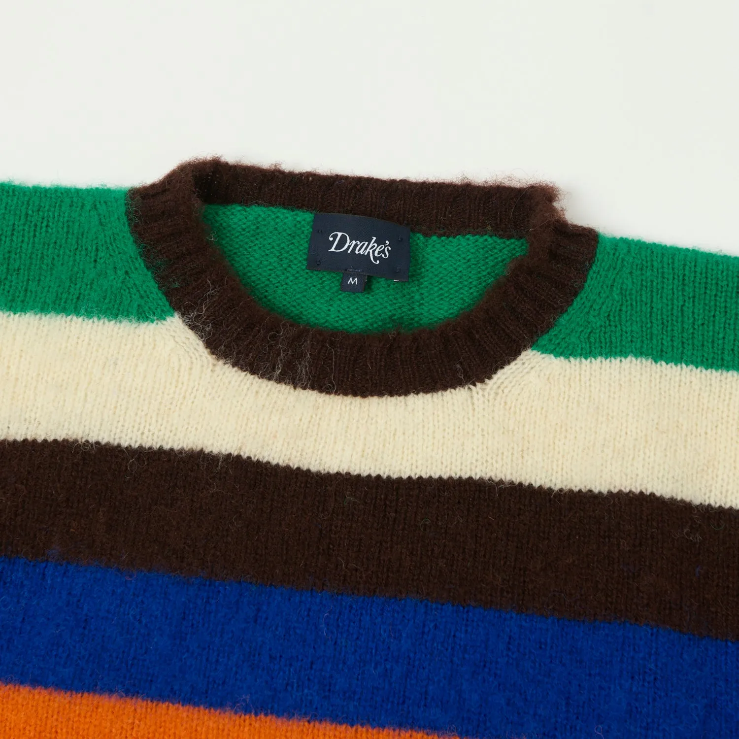 Drake's Striped Brushed Shetland Crew - Brown/Blue/Orange