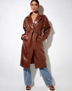 Duster Longline Coat in Croc Pu Brown