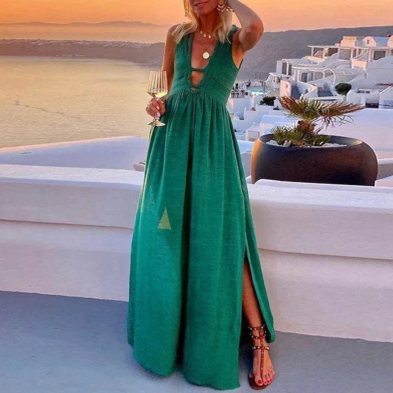 Elegant V-neck High Waist Long Sexy Hollow Vest New Side Split Pleated Cocktail Party Bohemian Summer Lady Dress