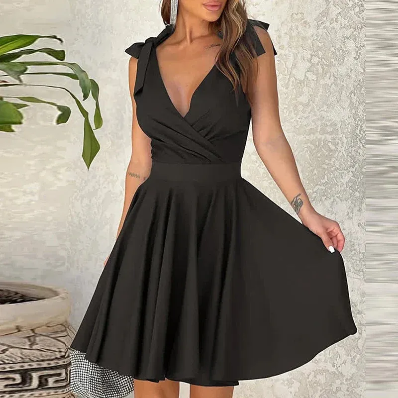 Elegant V-neck Waist Solid Bow Spaghetti Strap Slim Mini Sexy Sleeveless Pleated Party Summer Dress