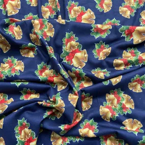 FS694 Christmas Bells Spun Polyester Jersey Knit Stretch Fabric Navy