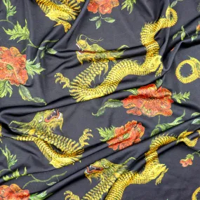 FS702 Dragon Floral Silky Stretch Knit Fabric Black