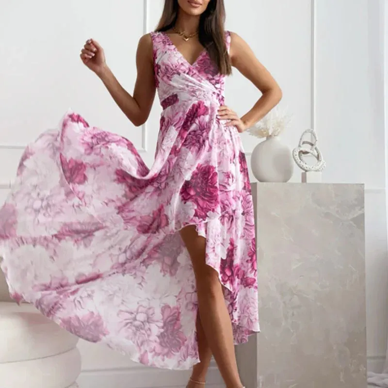 Irregular Swing Casual Floral Print High Waist Party Elegant V-neck Pleated Long Summer 2024 Dress