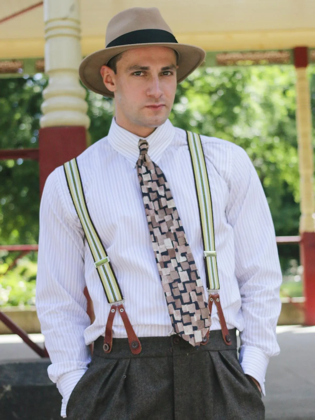 Khaki & Black Stripe Braces with Dark Brown Leather Loops