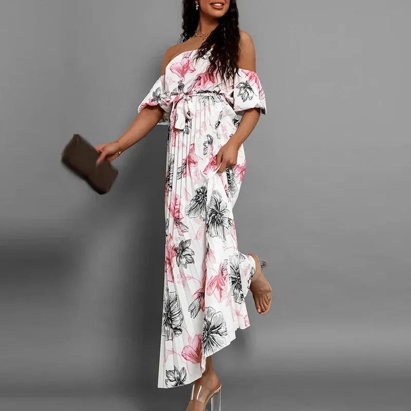 Lace-up Pleat Elegant Tropical Pattern A-line Chic Backless Short Sleeve Office Floral Fashion Dress