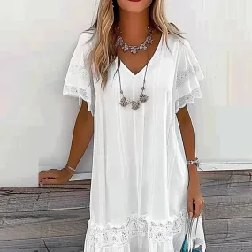 Lady Elegant Solid Short Sleeve Summer Loose A-line Sexy Asymmetric Off Shoulder Party Office Dress