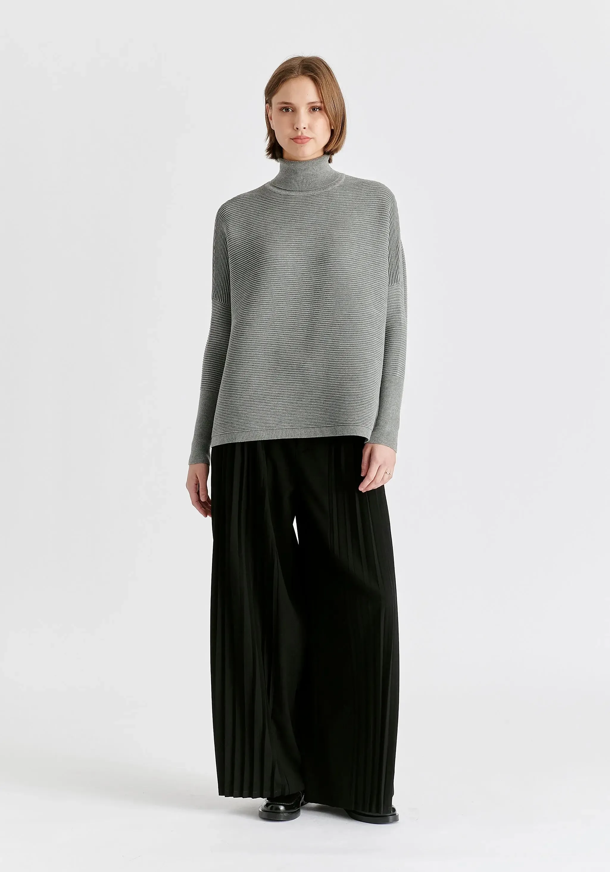 Light Grey Paisie Turtleneck Ribbed Jumper