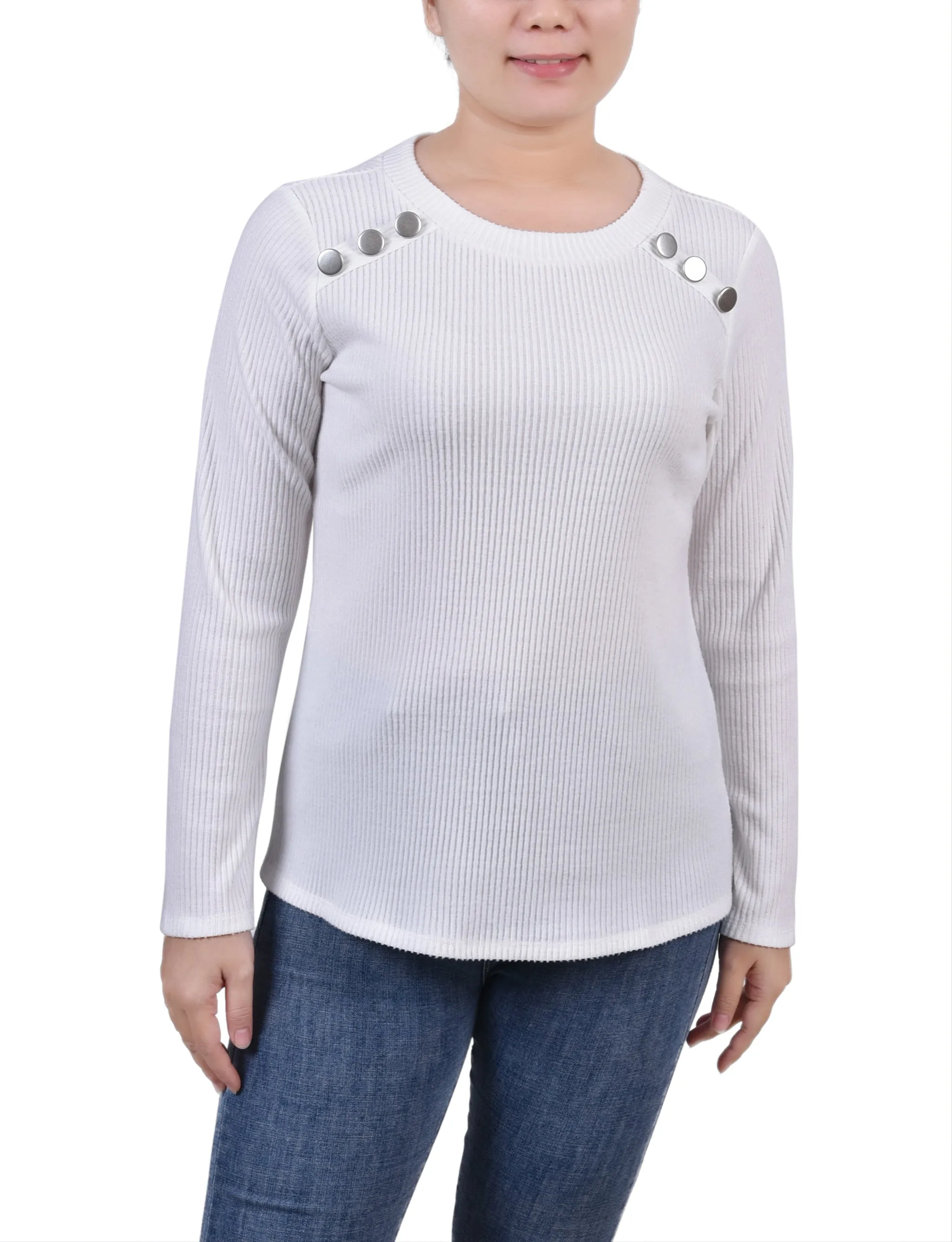 Long Sleeve Ribbed Button Detail Top