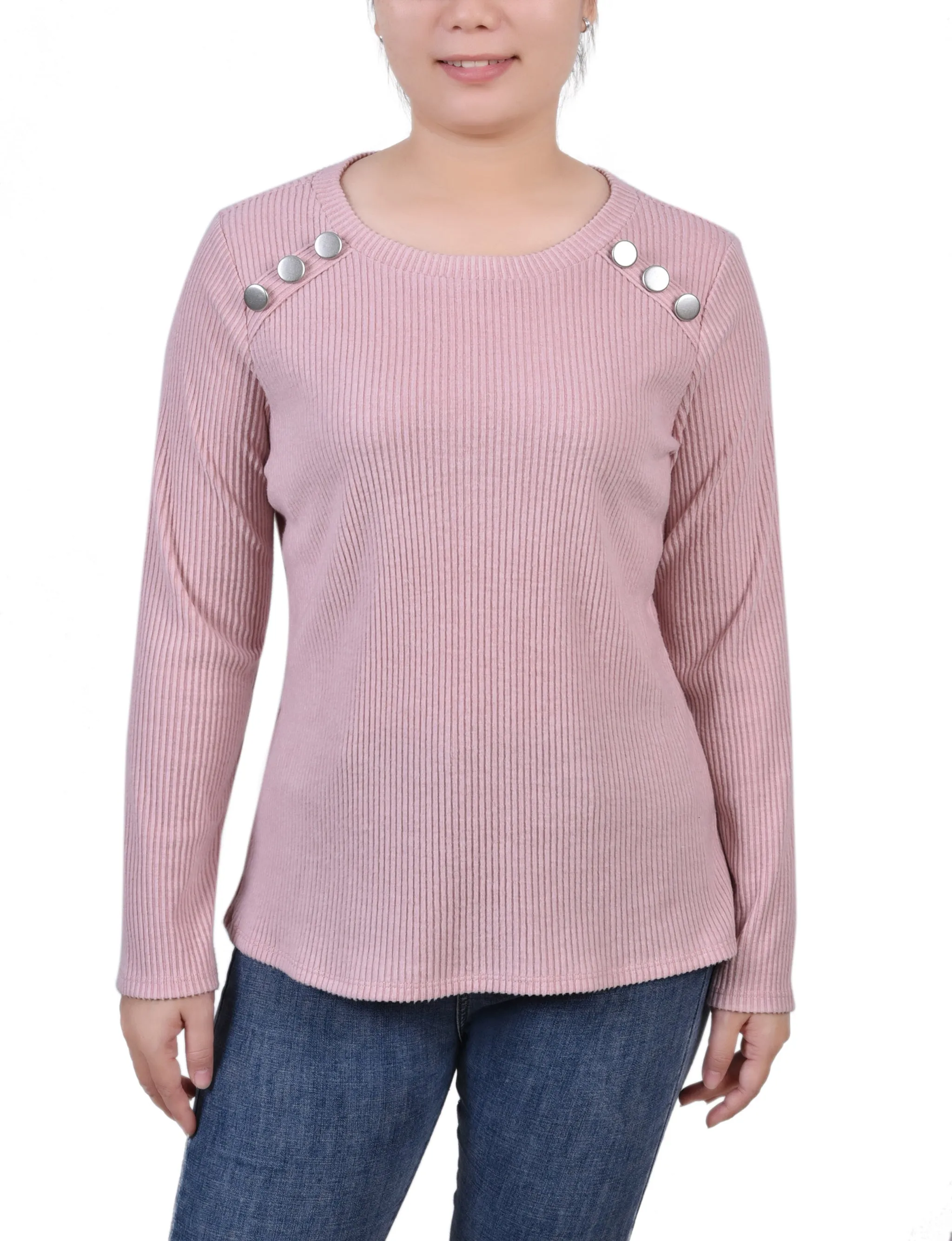 Long Sleeve Ribbed Button Detail Top