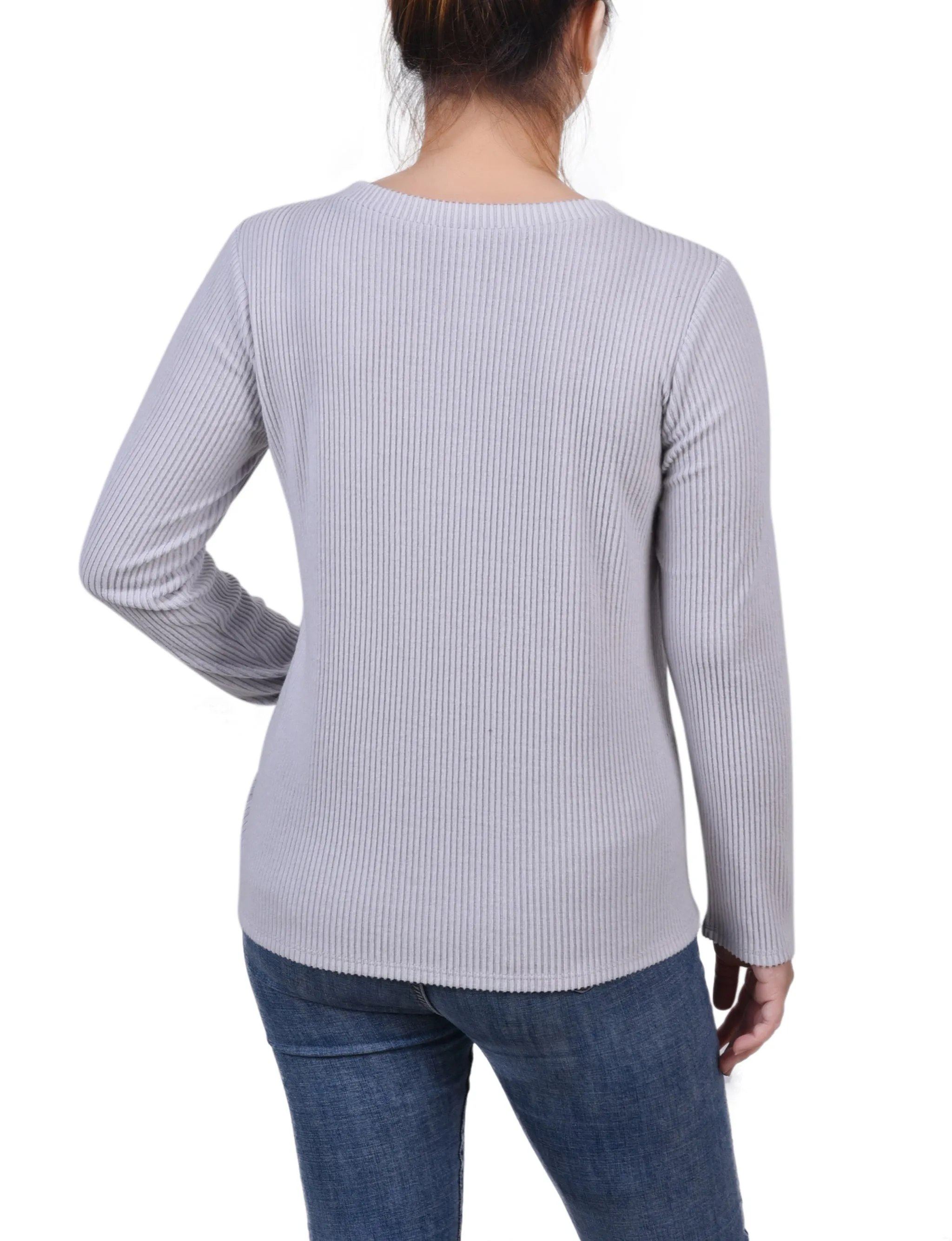 Long Sleeve Ribbed Button Detail Top