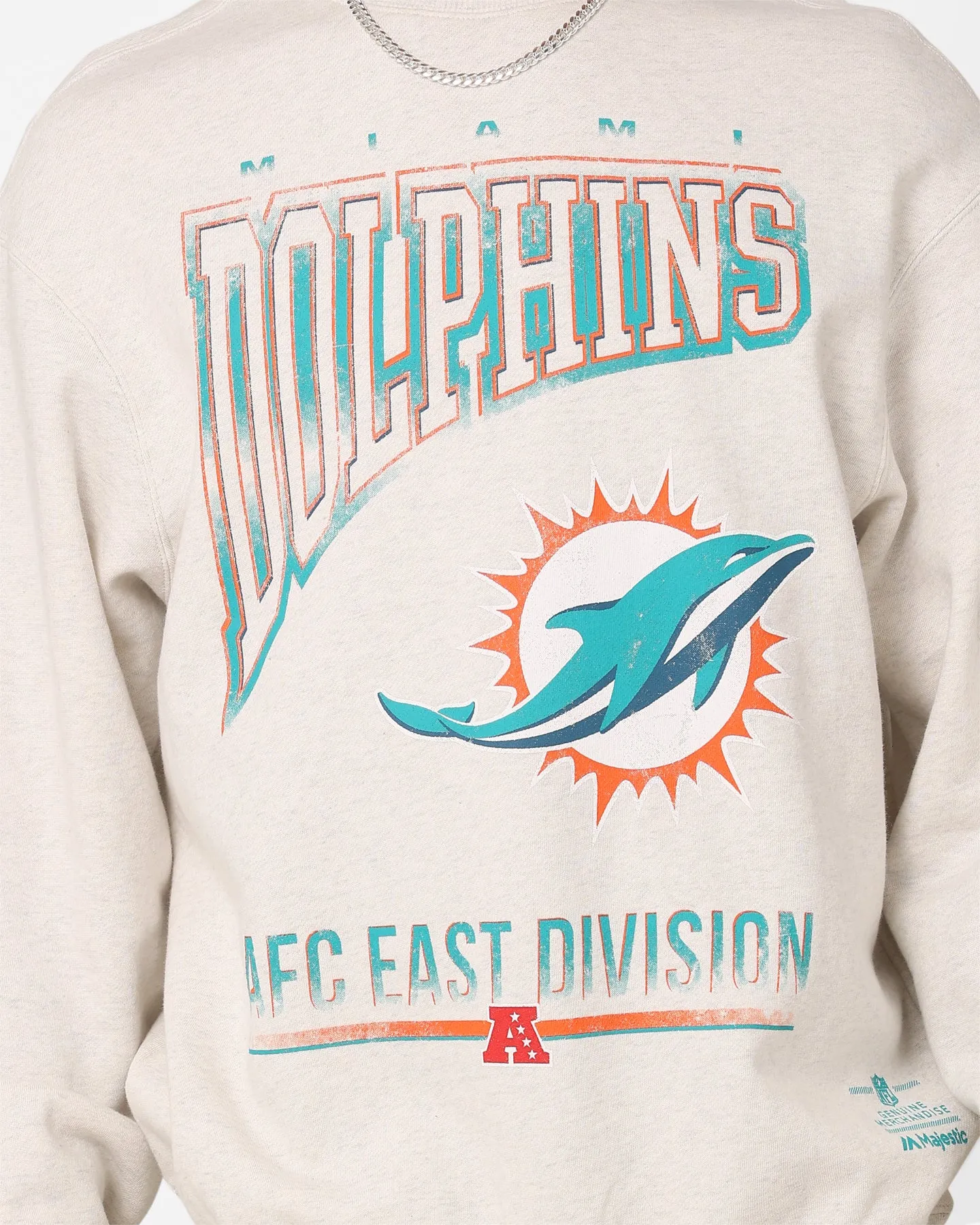 Majestic Athletic Miami Dolphins Arch Rise Crewneck Sweatshirt Vintage White Marle