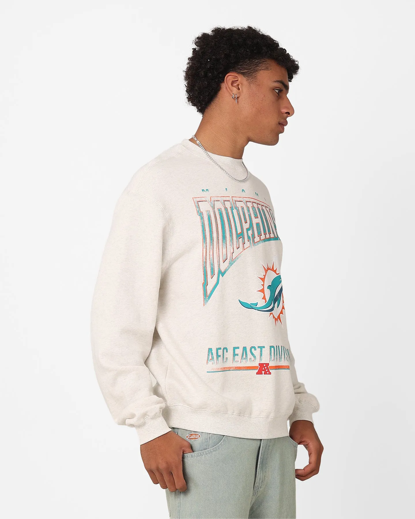 Majestic Athletic Miami Dolphins Arch Rise Crewneck Sweatshirt Vintage White Marle