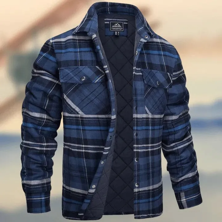 Men Plaid Print Flap Pocket Snap Button Thermal Jacket