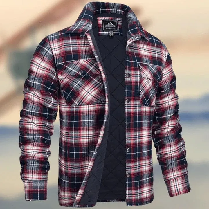 Men Plaid Print Flap Pocket Snap Button Thermal Jacket