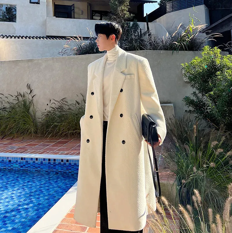 Men Woolen Coat Autumn Winter Korean Fashion Versatile Thickened Double Breasted Solid Color Male Trench Overknee