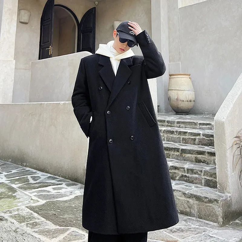 Men Woolen Coat Autumn Winter Korean Fashion Versatile Thickened Double Breasted Solid Color Male Trench Overknee