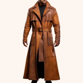 Men’s Distressed Peanut Brown Genuine Sheepskin Duster Coat