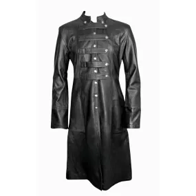 Mens Long Black Leather Coat Military Style