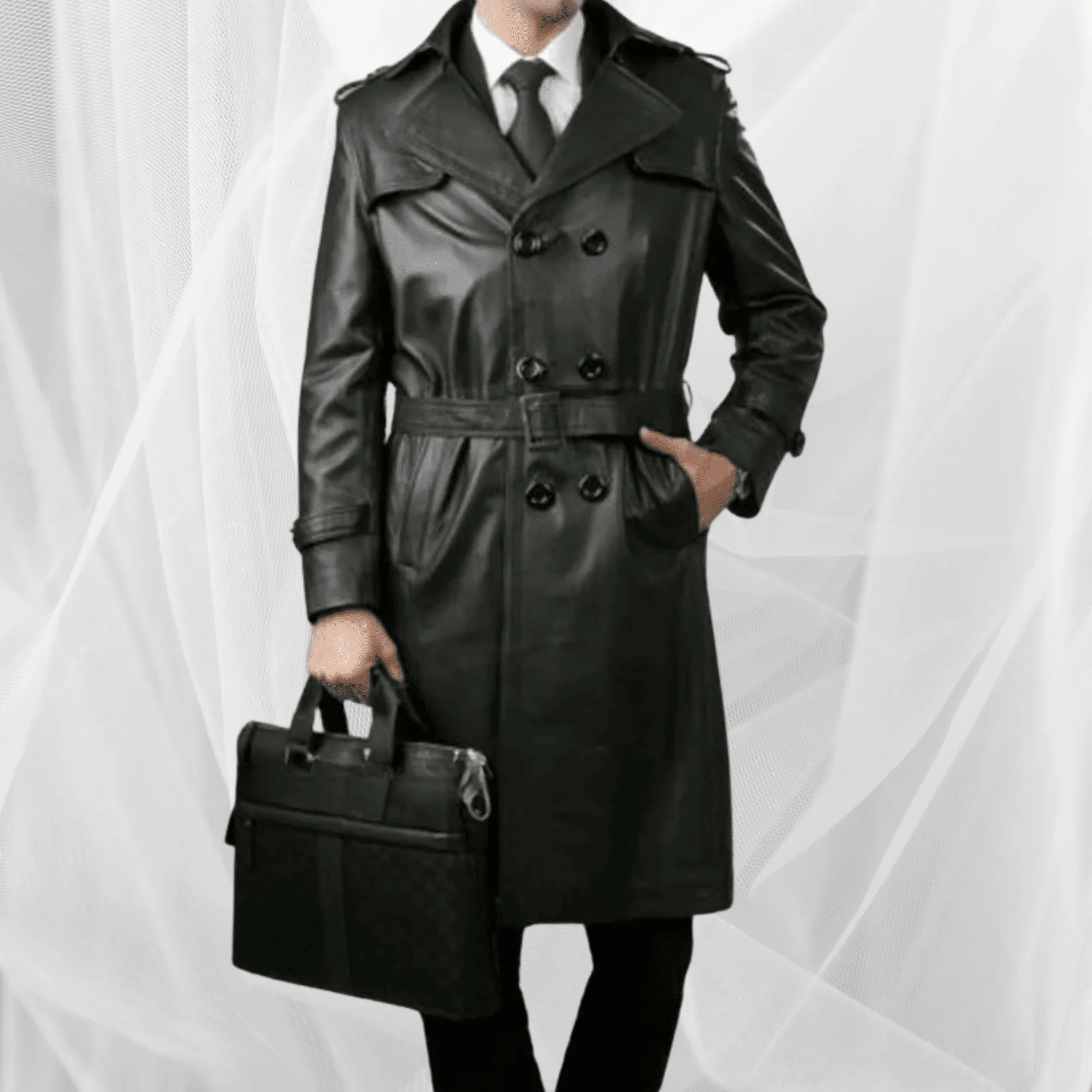 Mens Long Leather Trench Coat