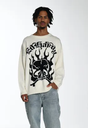 Mens Skull In Flames Jaquard Knitted Jumper - Ecru/Black