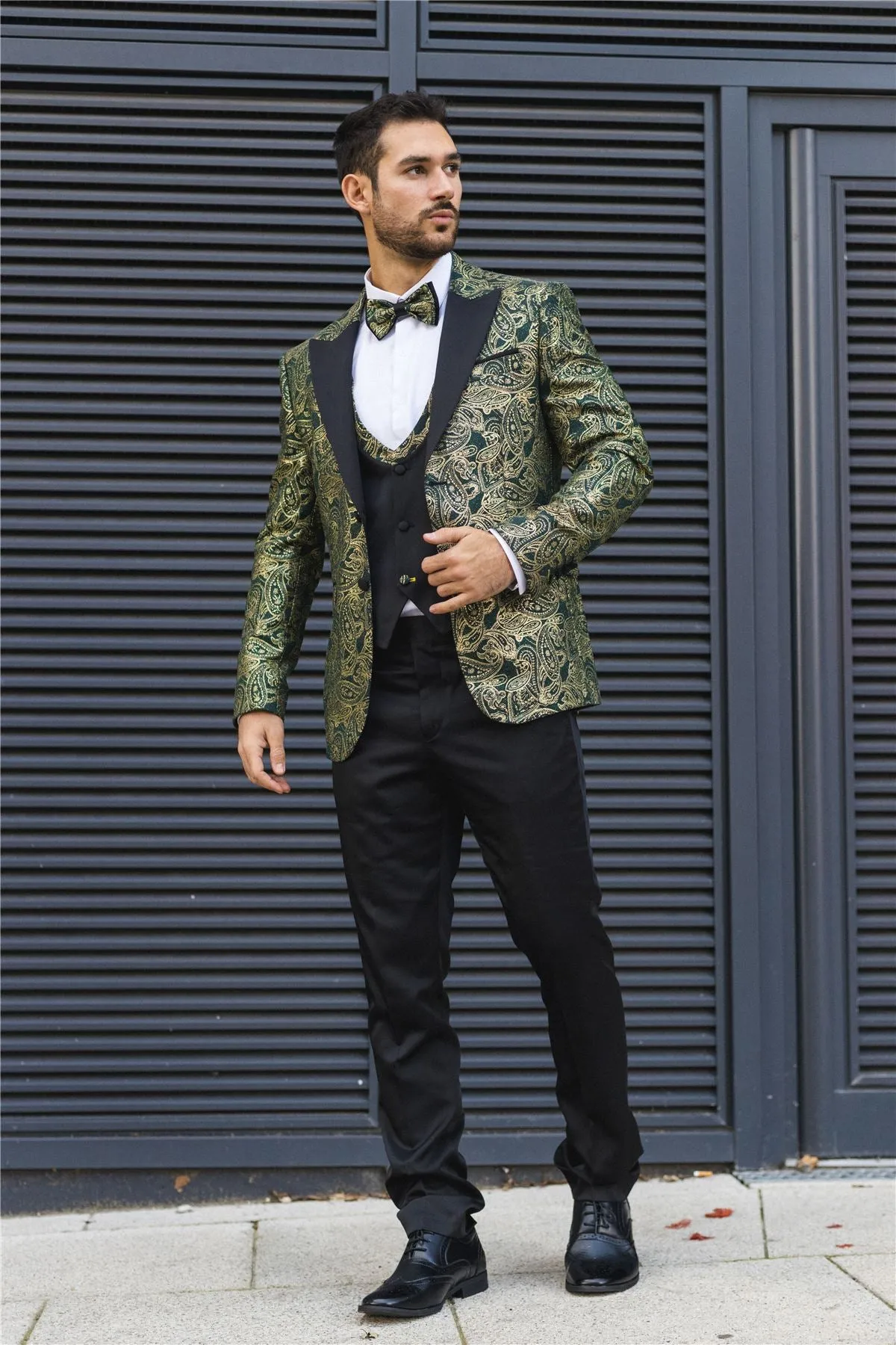 Men's Suit 3 Piece Green Paisley Tailored Fit Wedding Tuxedo