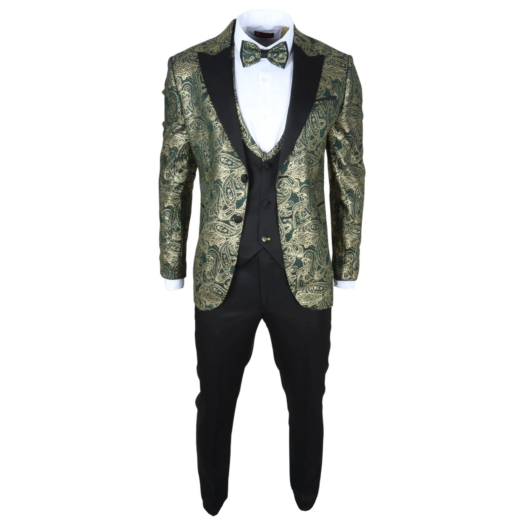 Men's Suit 3 Piece Green Paisley Tailored Fit Wedding Tuxedo