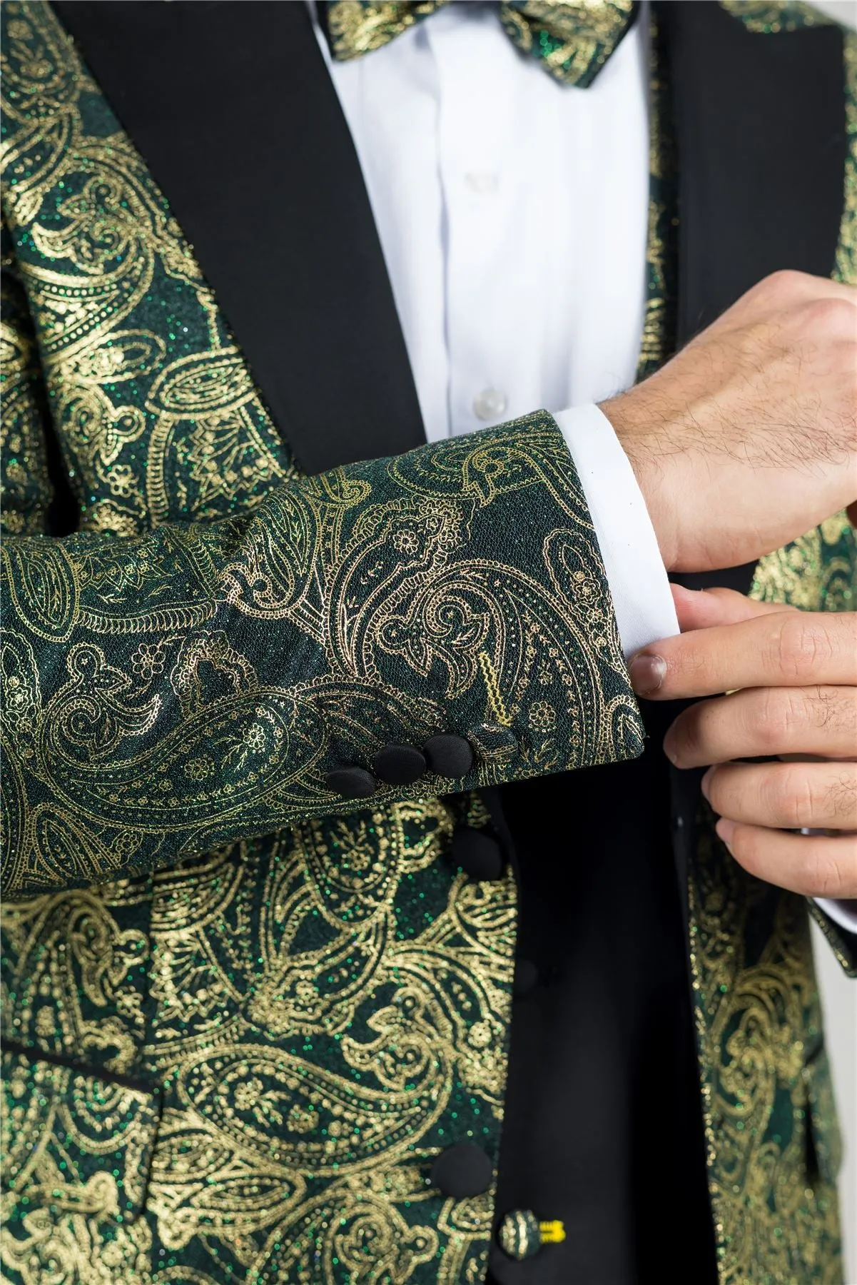 Men's Suit 3 Piece Green Paisley Tailored Fit Wedding Tuxedo