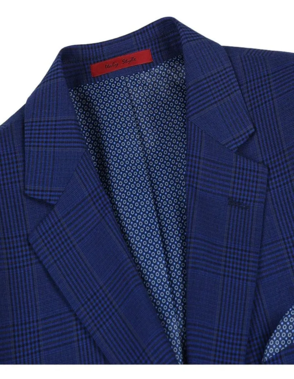 Mens Two Button Classic Fit Sport Coat  Dark Navy Blue Windowpane Plaid Blazer