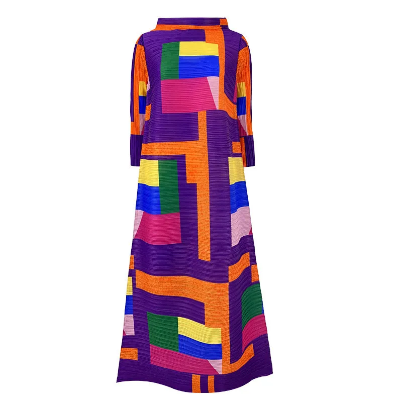 Miyake Pleated Geometric Print Long Dress