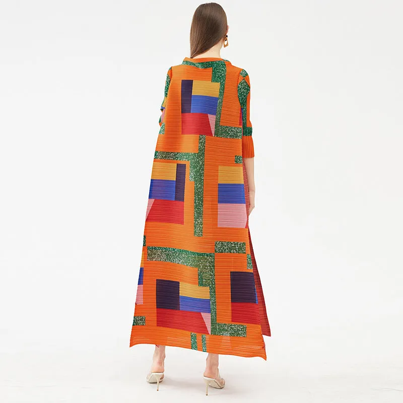 Miyake Pleated Geometric Print Long Dress